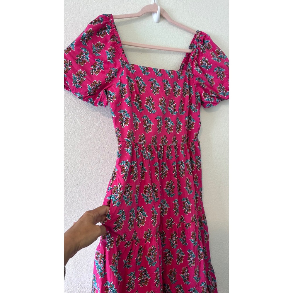 J.Crew Pink Floral Brunch Block Print Puff Sleeve Tiered Midi Dress SZ 8 - Picture 7 of 9